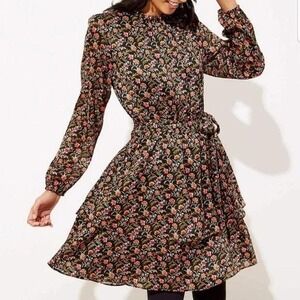 LOFT Floral Ruffle Flare Dress S Black Shimmer Boho Romantic Chic NWT